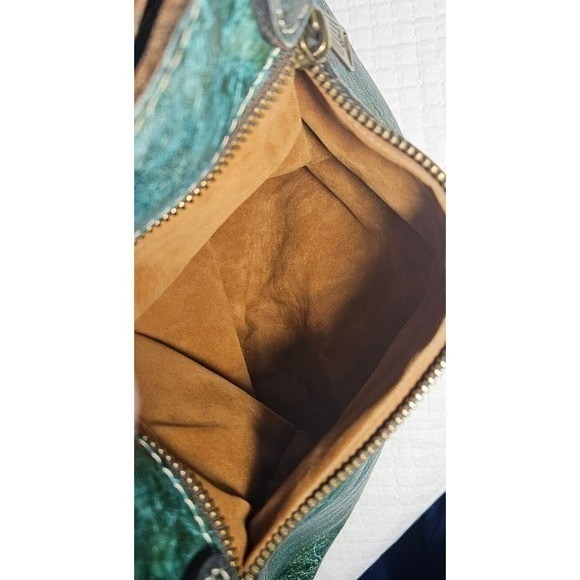 Patricia Nash Tooled Leather Satchel Convertible Hand / Shoulder Bag Teal Floral - Picture 12 of 16